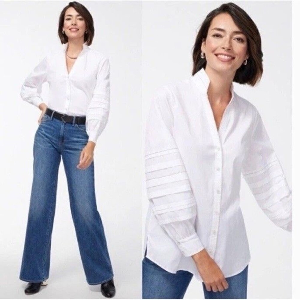 Chico’s White Cotton Poplin Chain Detail Tunic Size 6 Blouse Top Balloon Sleeve